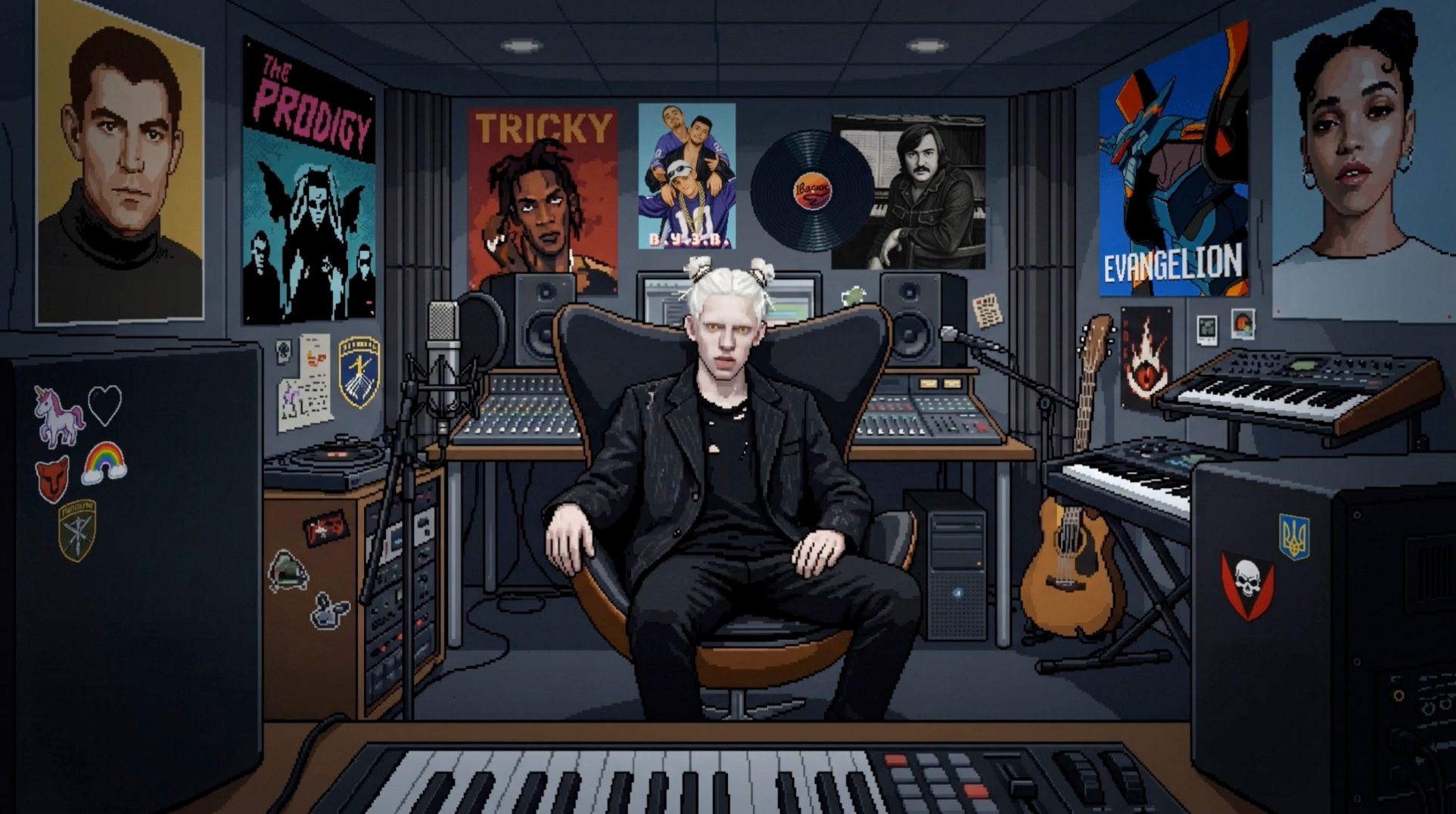 MISTOM sitting in a studio chair